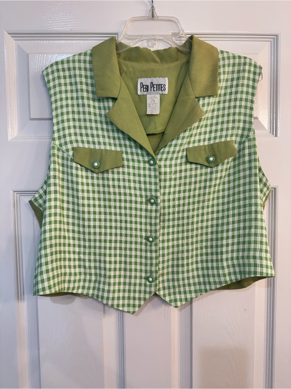 Peri Petites Vintage Green Gingham Button Front Vest